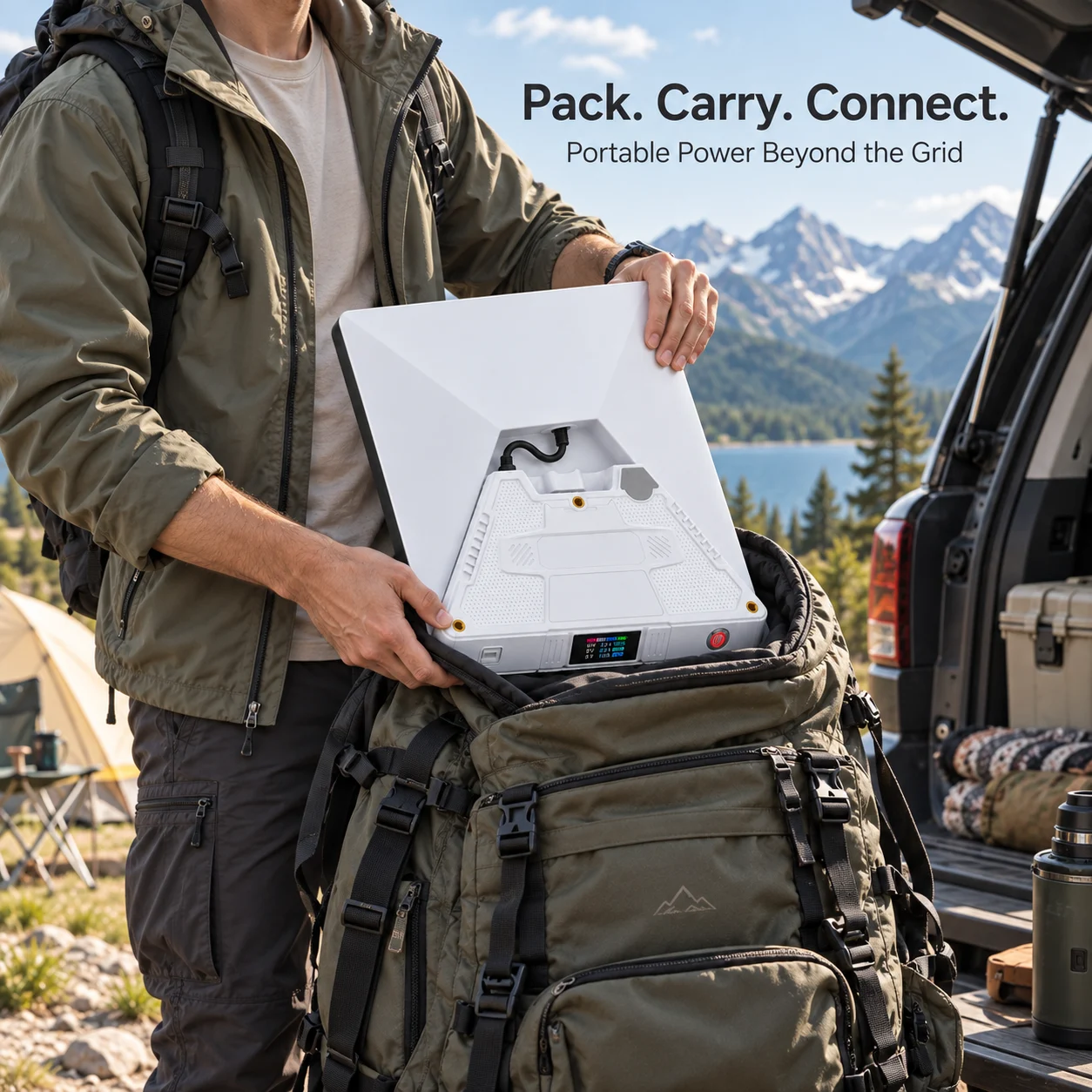 Portable power base packed for outdoor travel