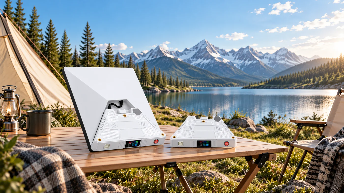 Oxlion Starlink Mini Battery Docks & Power Gear - Lakeside Camping Scene